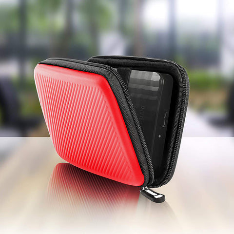 Duronic HDC2 /RD red portable hard drive case with an external hard drive placed and strapped within