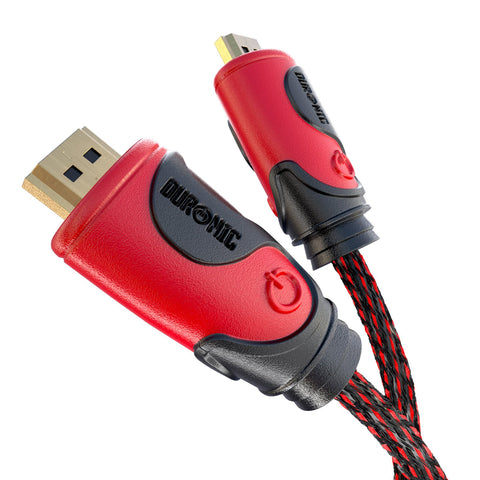 Duronic HDMI 2.0 Cable featuring gold-plated connectors and ergonomic red plastic housings.