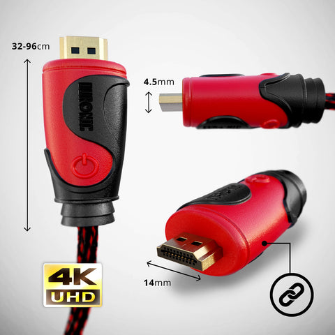 Duronic HDMI 2.0 Cable showing dimensions and gold-plated connector.