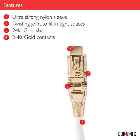 Duronic HDMI Cable featuring a 180-degree twisting joint, 24kt gold contacts, and a white ultra-strong nylon sleeve.