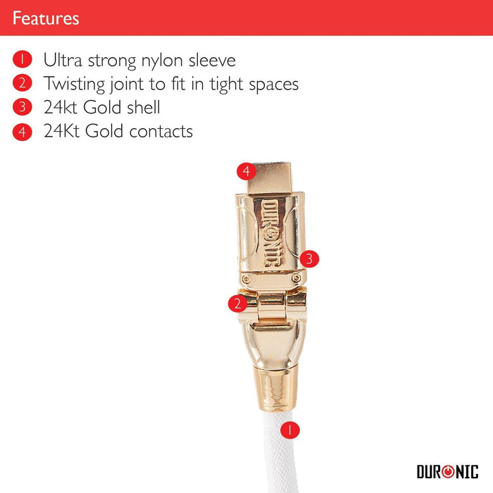 Duronic HDMI Cable featuring a 180-degree twisting joint, 24kt gold contacts, and a white ultra-strong nylon sleeve.