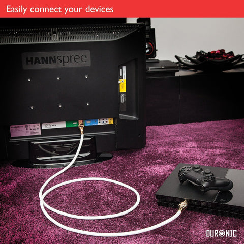 Duronic HDMI Cable monitor to a PlayStation 4 console on a purple carpeted floor to demonstrate easy device connectivity.