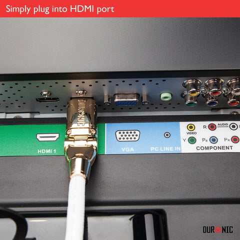 Duronic HDMI Cable plugged into a television port, demonstrating a simple setup with labeled connections for HDMI, VGA, and Component inputs.