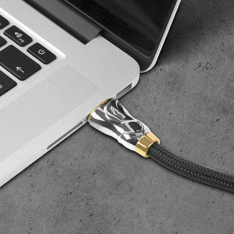 Duronic HDMI Cable plugged into the side port of a laptop.