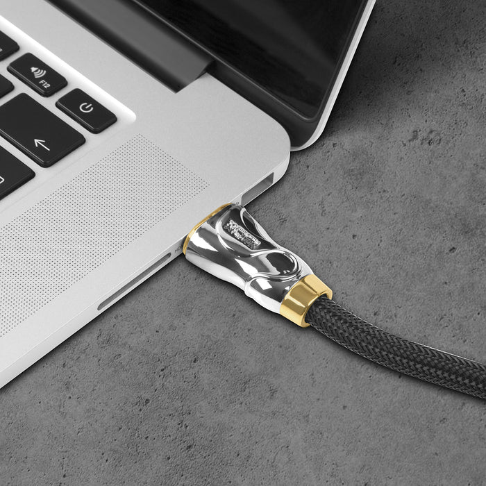 Duronic HDMI Cable plugged into the side port of a silver laptop.