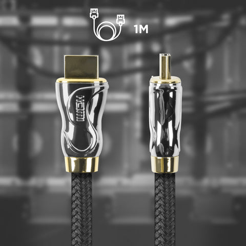 Duronic HDMI Cable with glossy chrome and gold connectors, front and side view.