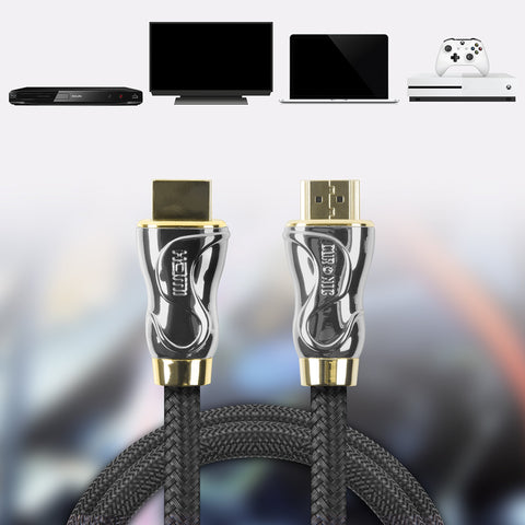 Duronic HDMI Cable with gold-plated connectors, shown alongside a TV, laptop, and gaming console.