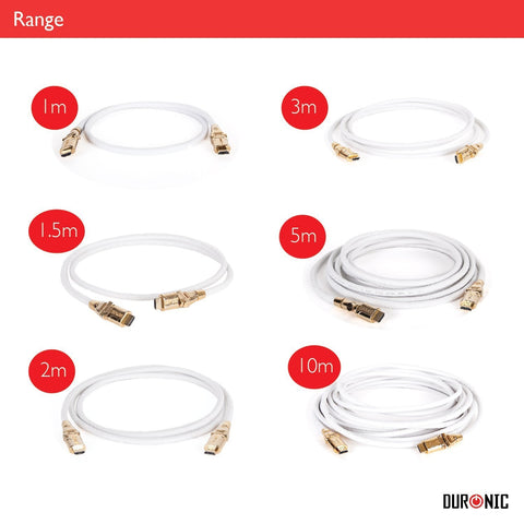 Duronic HDMI Cable with gold-plated connectors shown in six different lengths: 1m, 1.5m, 2m, 3m, 5m, and 10m.
