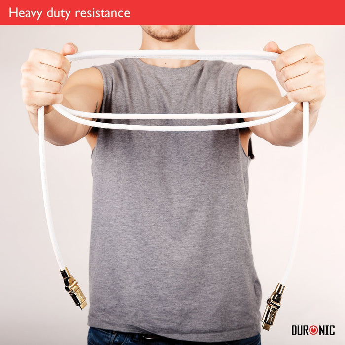 Duronic HDMI Cable with gold-plated connectors to demonstrate its heavy-duty resistance.