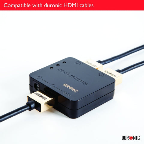 Duronic HDMI Splitter Box with gold-plated cables, showing one input and two output connections for shopify.