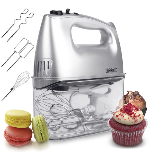 Duronic HM4 SR electric hand mixer with attachments showing macarons, muffins for kitchen, home, baking