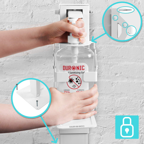 Duronic Hand Gel Floor Standing Dispenser featuring secure locking mechanisms and screws.