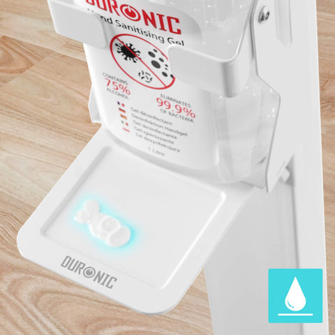Duronic Hand Gel Floor Standing Dispenser on a floor stand, dispensing gel onto a white tray.