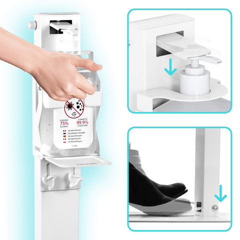Duronic Hand Gel Floor Standing Dispenser showing pedal mechanism and 1-liter bottle pump activation.