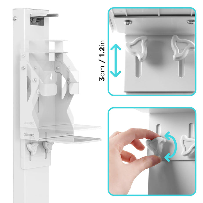 Duronic Hand Gel Floor Standing Dispenser with 3cm height range and easy-turn wing knobs.