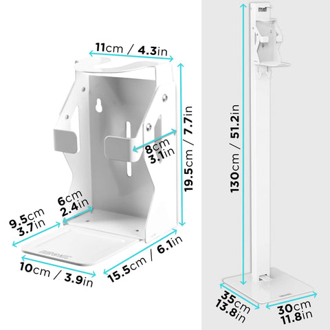 Duronic Hand Gel Floor Standing Dispenser with detailed metric and imperial dimensions for Shopify.
