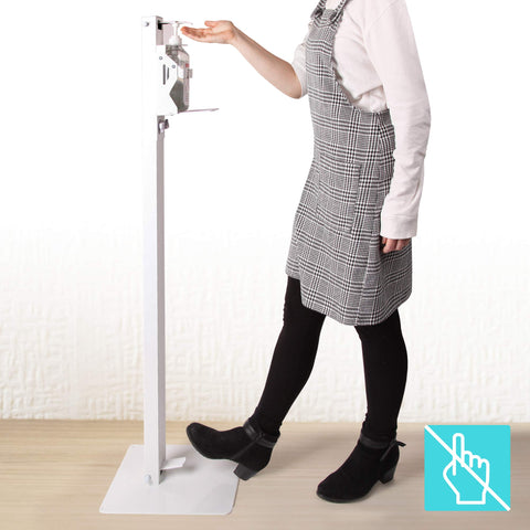 Duronic Hand Gel Floor Standing Dispenser with person demonstrating touchless operation for hygienic use.