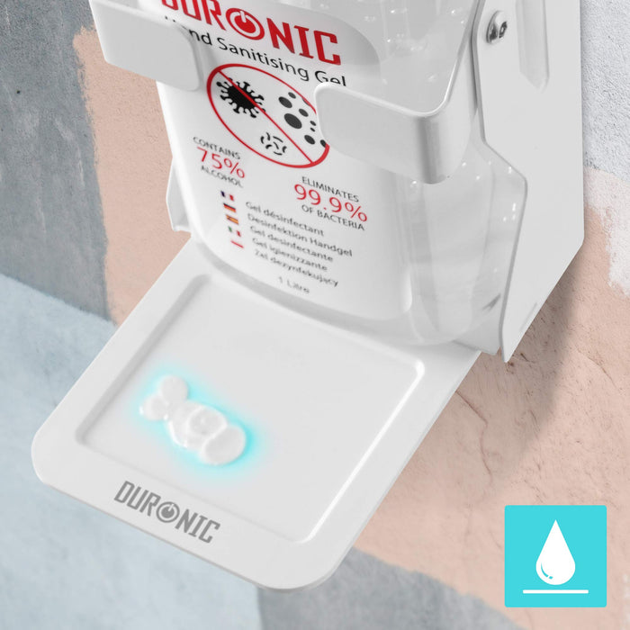 Duronic Hand Gel Wall-Mounted Dispenser showing a drop of gel on the white drip tray.