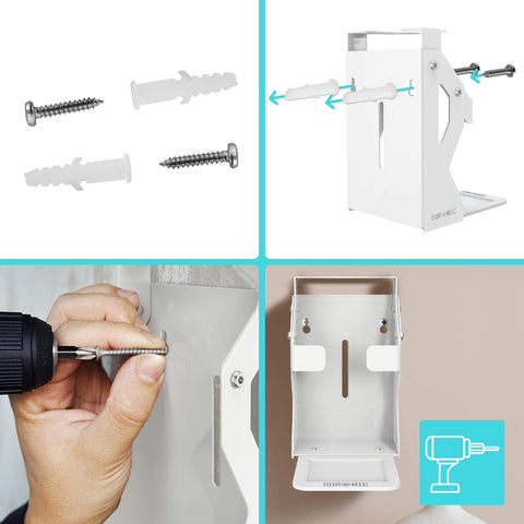 Duronic Hand Gel Wall-Mounted Dispenser showing screws, wall anchors, and a power drill.