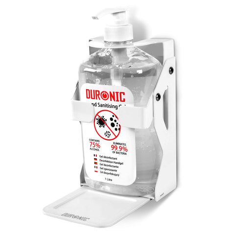 Duronic Hand Gel Wall-Mounted Dispenser with a 1-litre 75% alcohol gel bottle and tray.