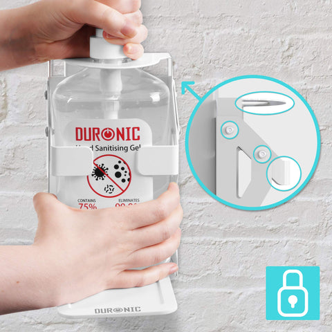 Duronic Hand Gel Wall-Mounted Dispenser with anti-theft locking mechanism and 75% alcohol gel bottle.