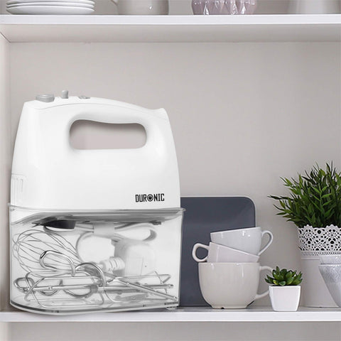 Duronic Hand Mixer Electric Whisk resting on a clear storage case containing whisks and power cord.