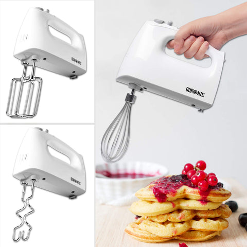 Duronic Hand Mixer Electric Whisk showing three attachment options: traditional beaters, dough hooks, and balloon whisk.