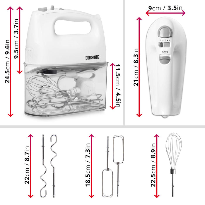 Duronic Hand Mixer Electric Whisk with clear storage case, dimensions, beaters, dough hooks, and whisk.