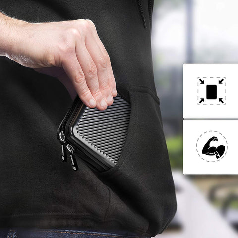 Duronic Hard Drive Case being slipped into a hoodie pocket.