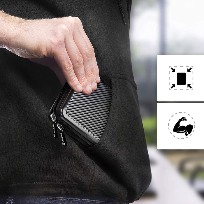 Duronic Hard Drive Case being slipped into a hoodie pocket.