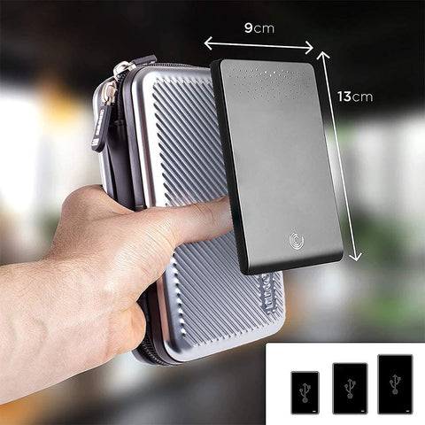Duronic Hard Drive Case held next to a black portable external hard drive.
