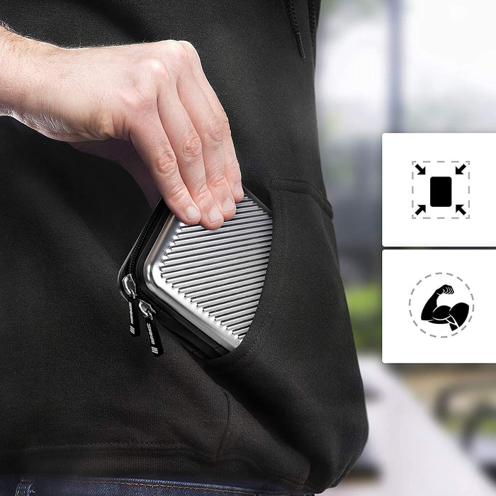 Duronic Hard Drive Case with person placing it into a black hoodie pocket.