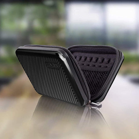 Duronic Hard Drive Case with vertical ridges and interior mesh pocket.
