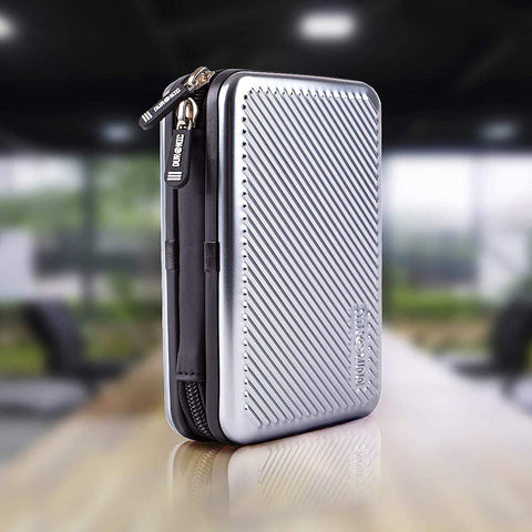 Duronic Hard Drive Case with zipper closure, standing upright on a glossy surface.