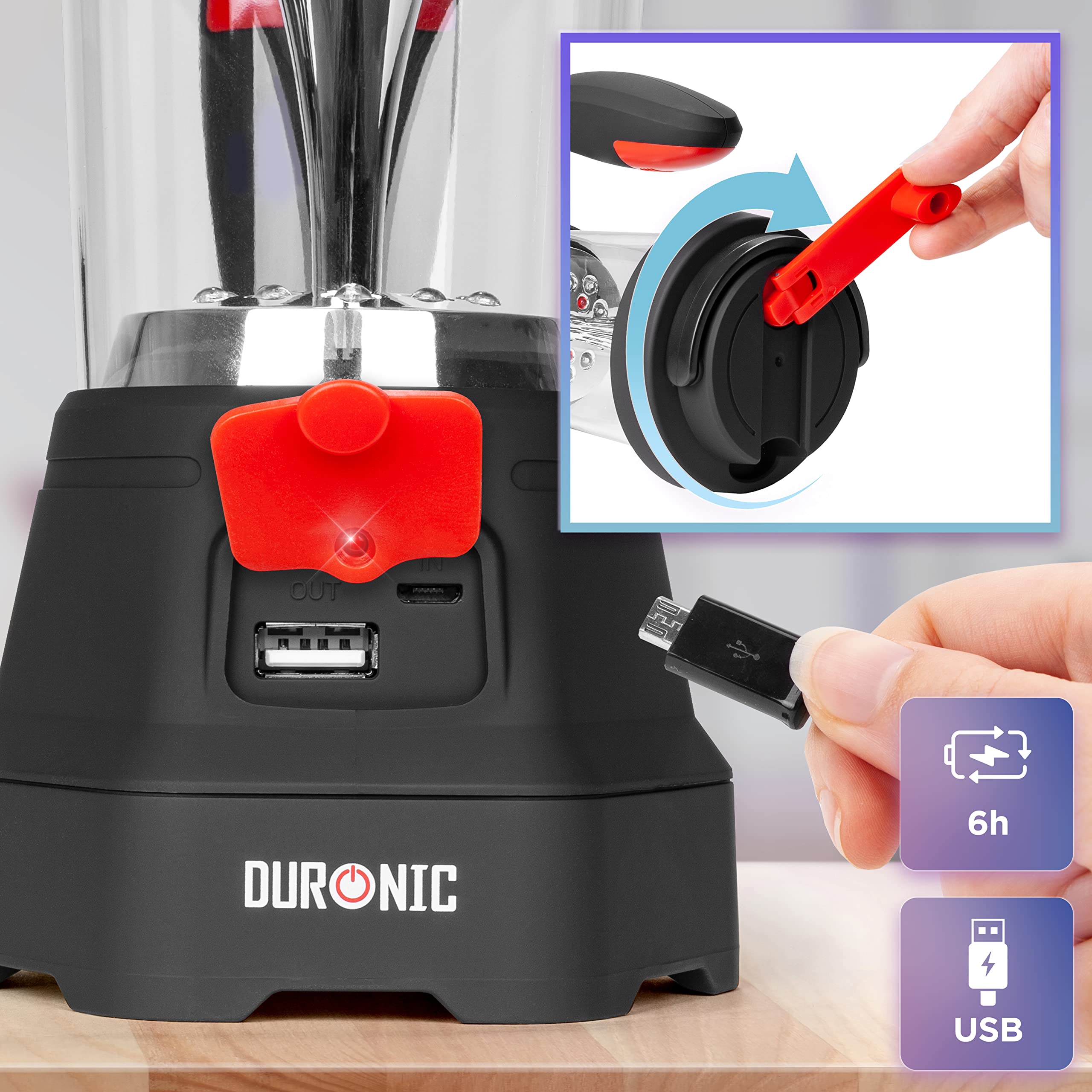 Duronic Hurricane camping LED lantern wind up flashlight USB charging for camping, hiking, caving, outdoors