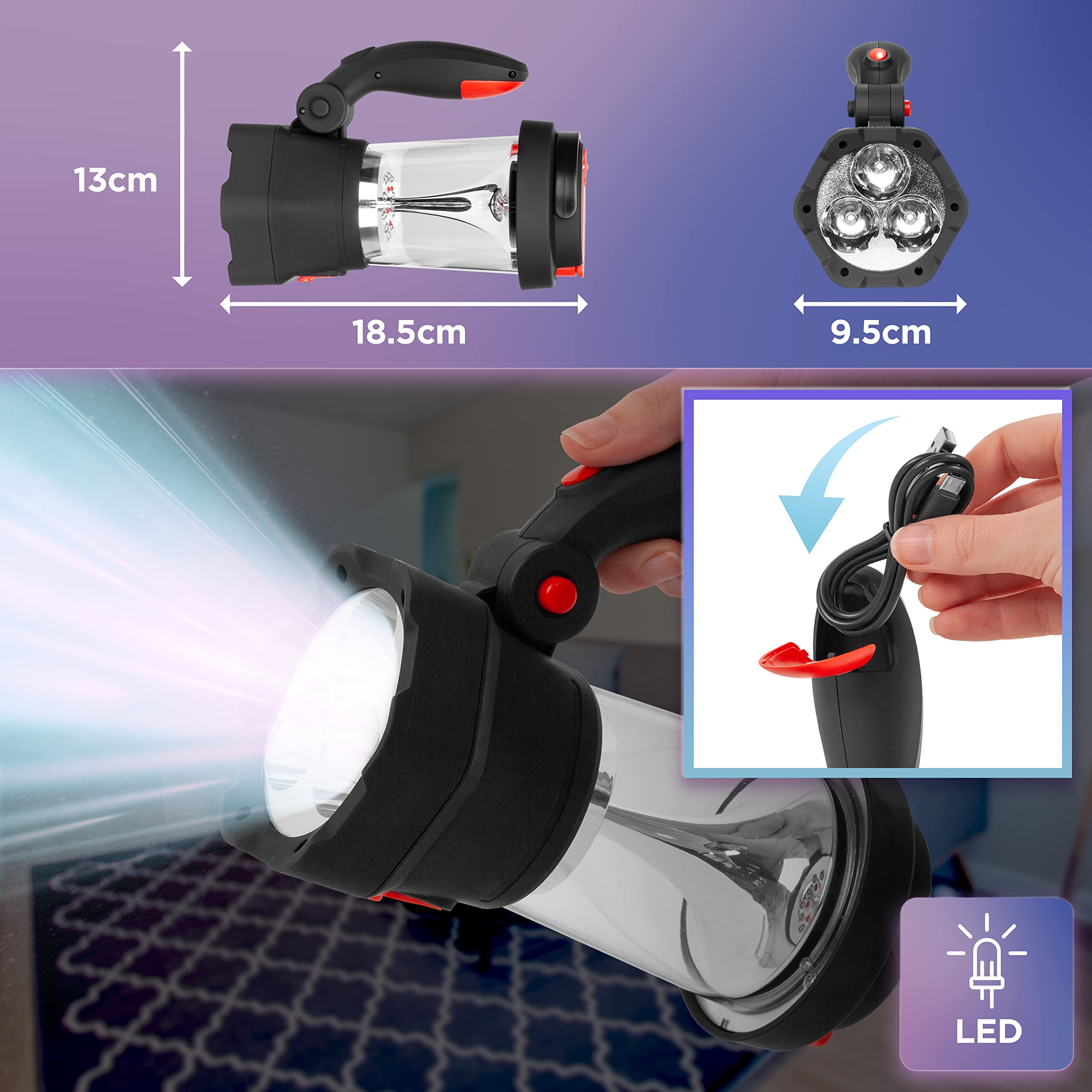 Duronic Hurricane camping light dimensions length, width, height, LED light with cable management