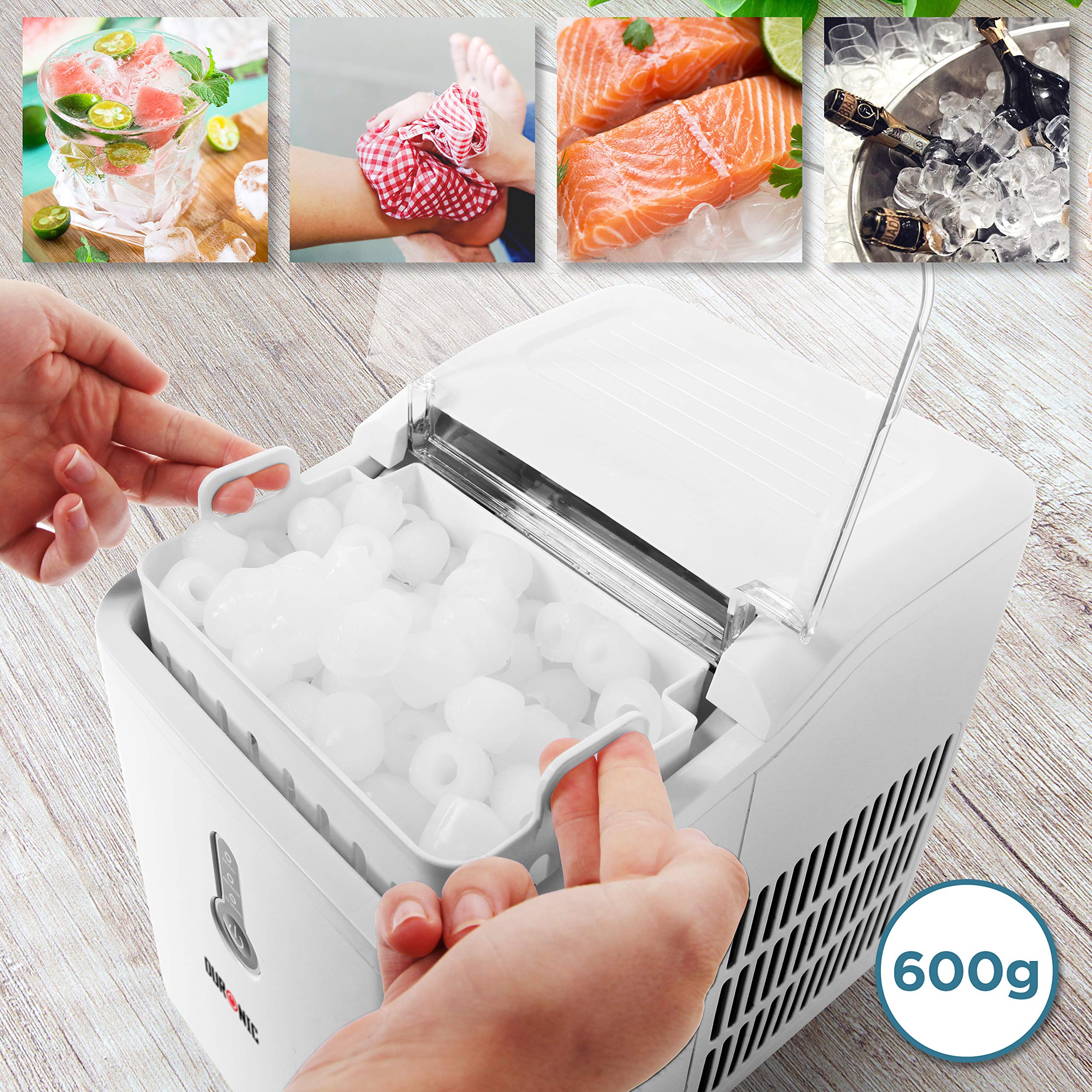 Duronic Ice Maker with a removable basket containing 600g of bullet-shaped ice cubes.