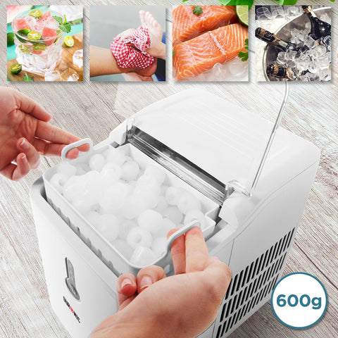 Duronic Ice Maker with a removable basket containing 600g of bullet-shaped ice cubes.