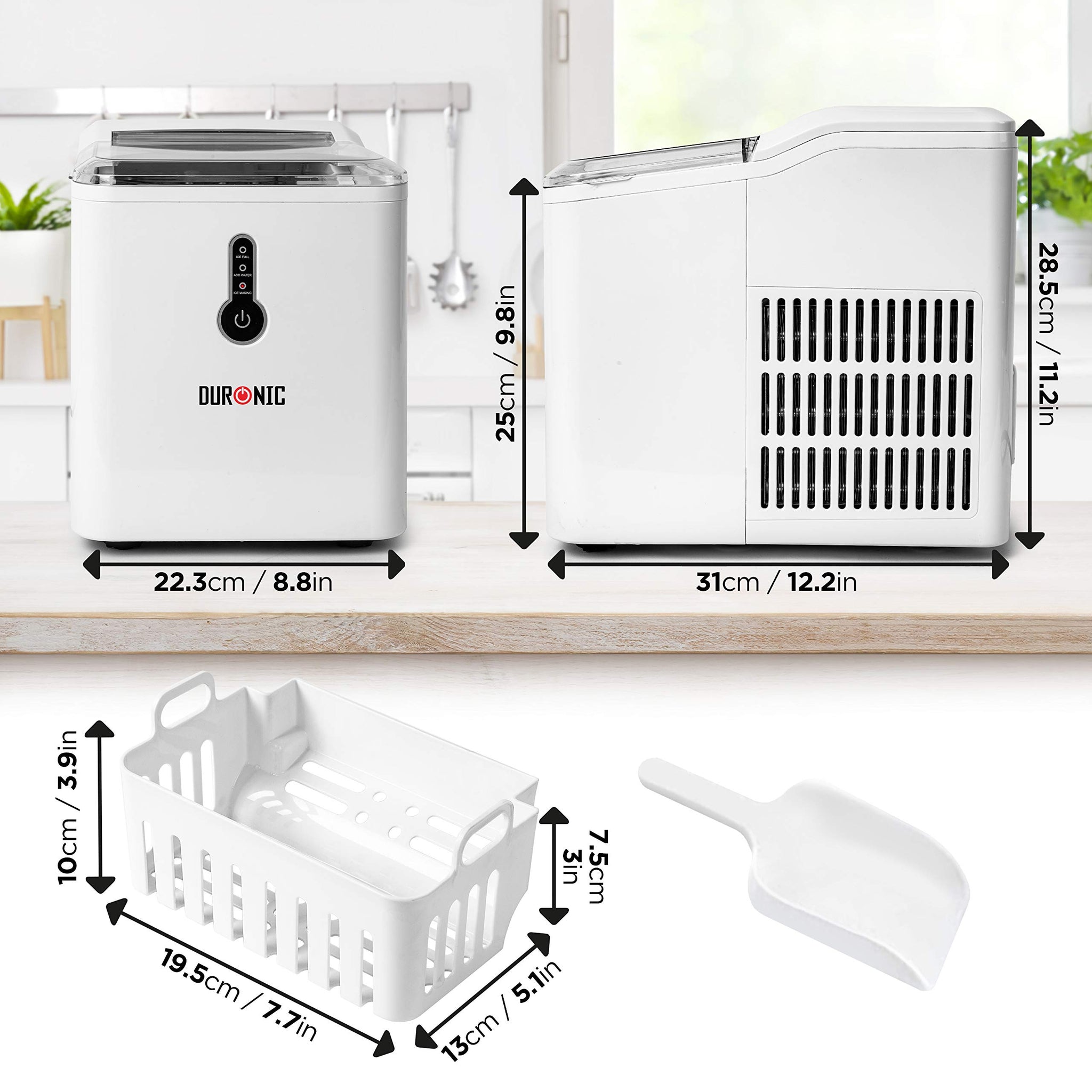 Duronic Ice Maker with dimensions, removable ice basket, and plastic ice scoop.