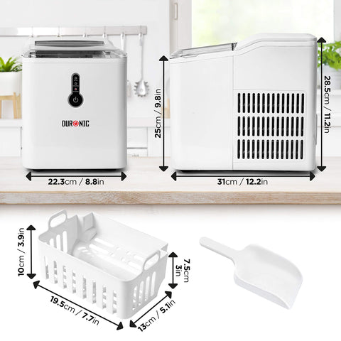 Duronic Ice Maker with dimensions, removable ice basket, and plastic ice scoop.