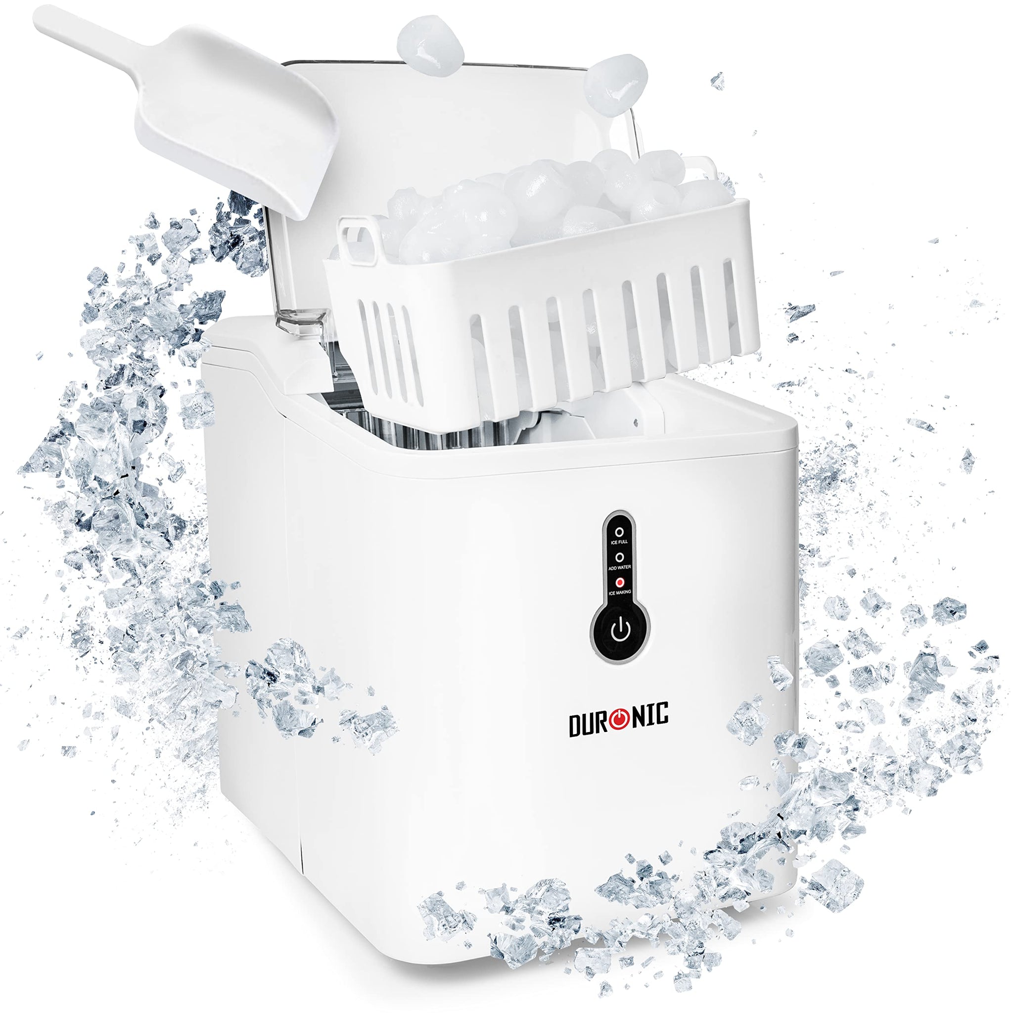 Duronic Ice Maker with open lid, full ice basket, and plastic scoop.