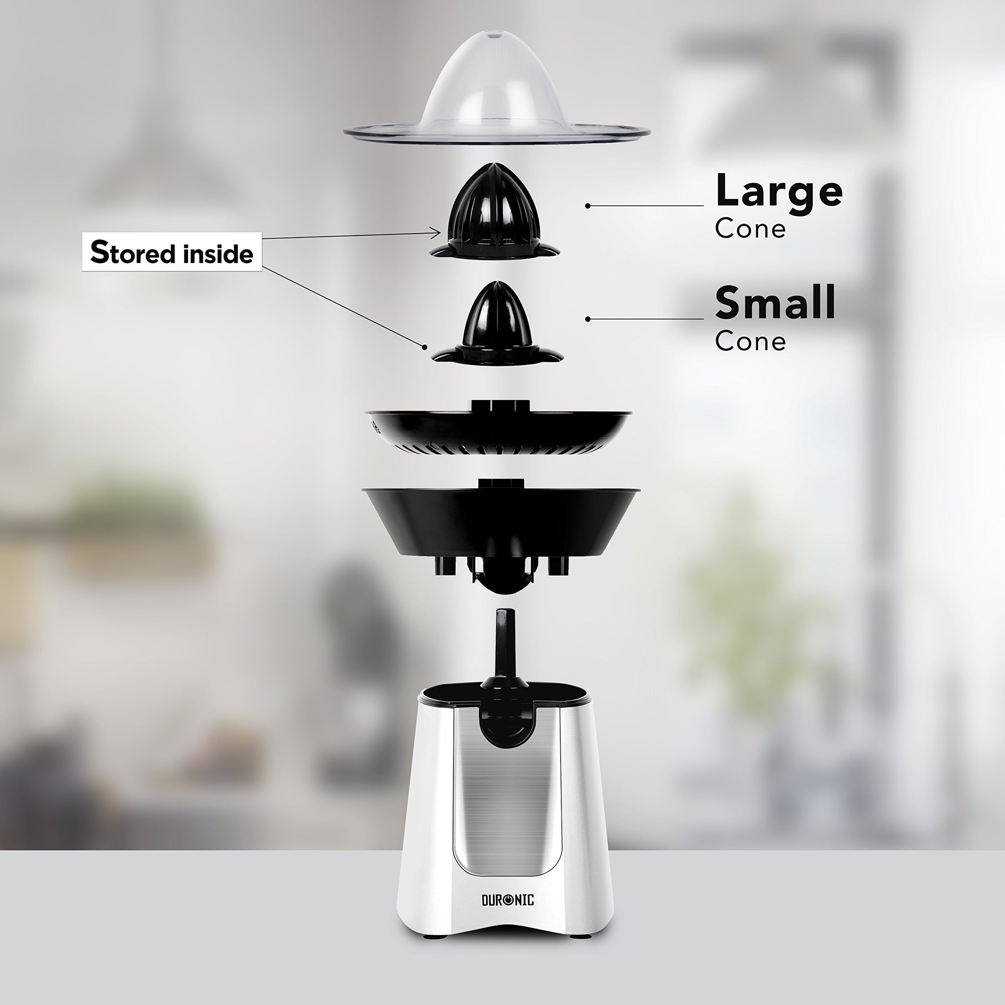 Duronic JE6SR electric citrus juicer deconstructed to highlight each individual part