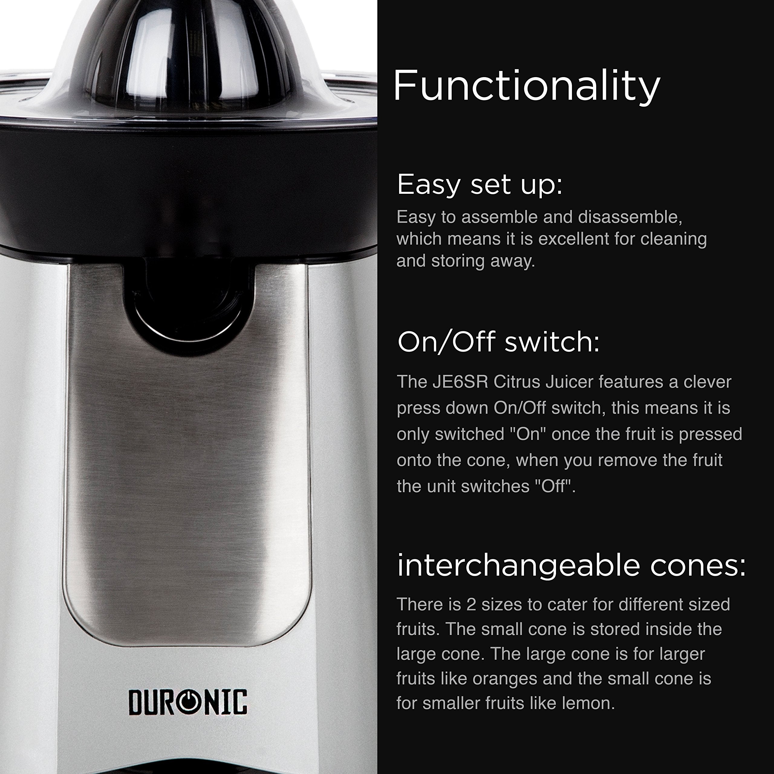 Duronic JE6SR electric citrus juicer showcasing its functionality