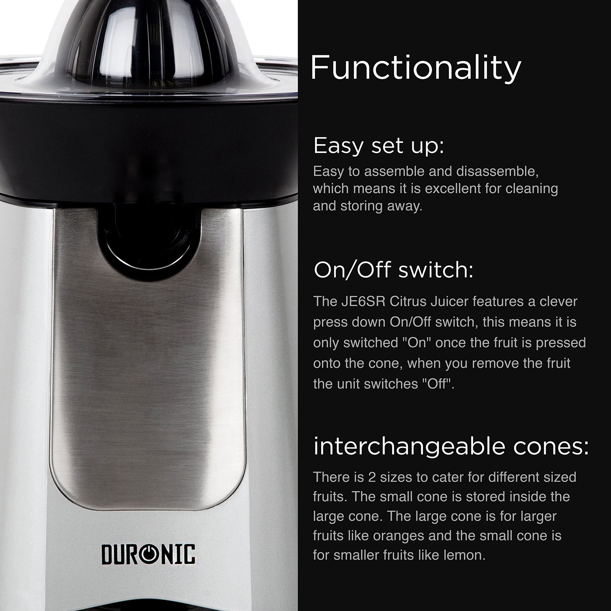 Duronic JE6SR electric citrus juicer showcasing its functionality