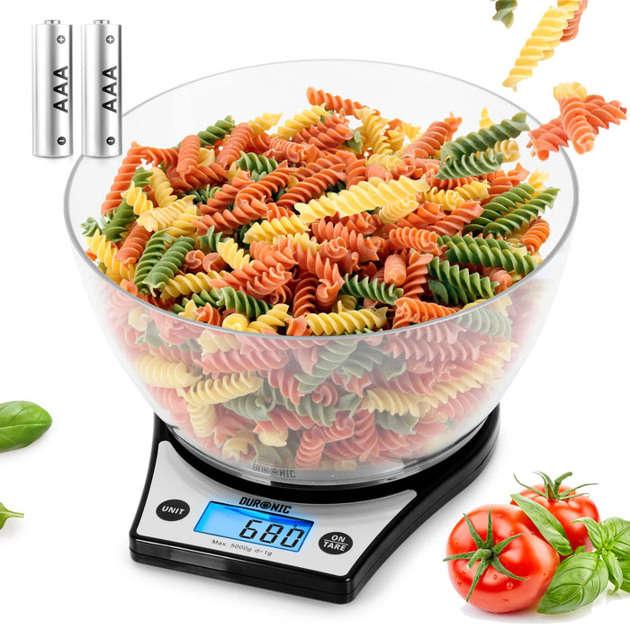 Duronic KS6000 BK/CR digital kitchen scales with bowl measuring pasta and 2x AAA batteries included
