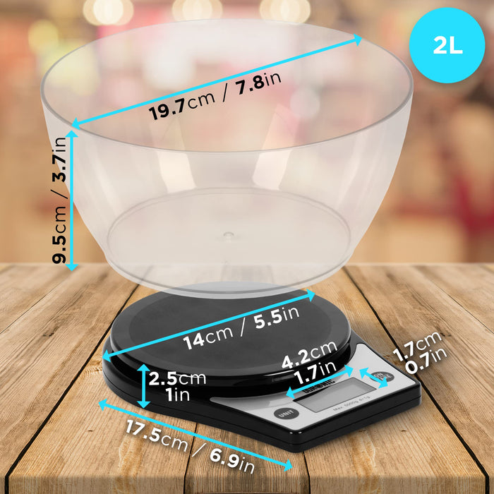 Duronic KS6000 digital kitchen scale dimensions of height, length, width, depth with 2L measuring bowl