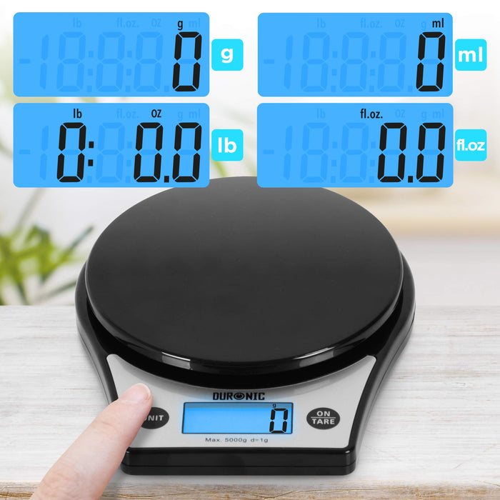 Duronic KS6000 digital kitchen scale with unit button to switch between measurements of grams, millilitres, pounds, ounces, fluid ounces