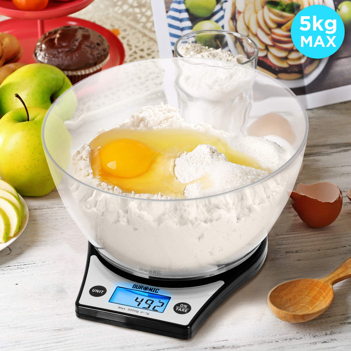 Duronic KS6000 digital weight scales measuring bowl filled with egg and flour with a maximum of 5kg weight