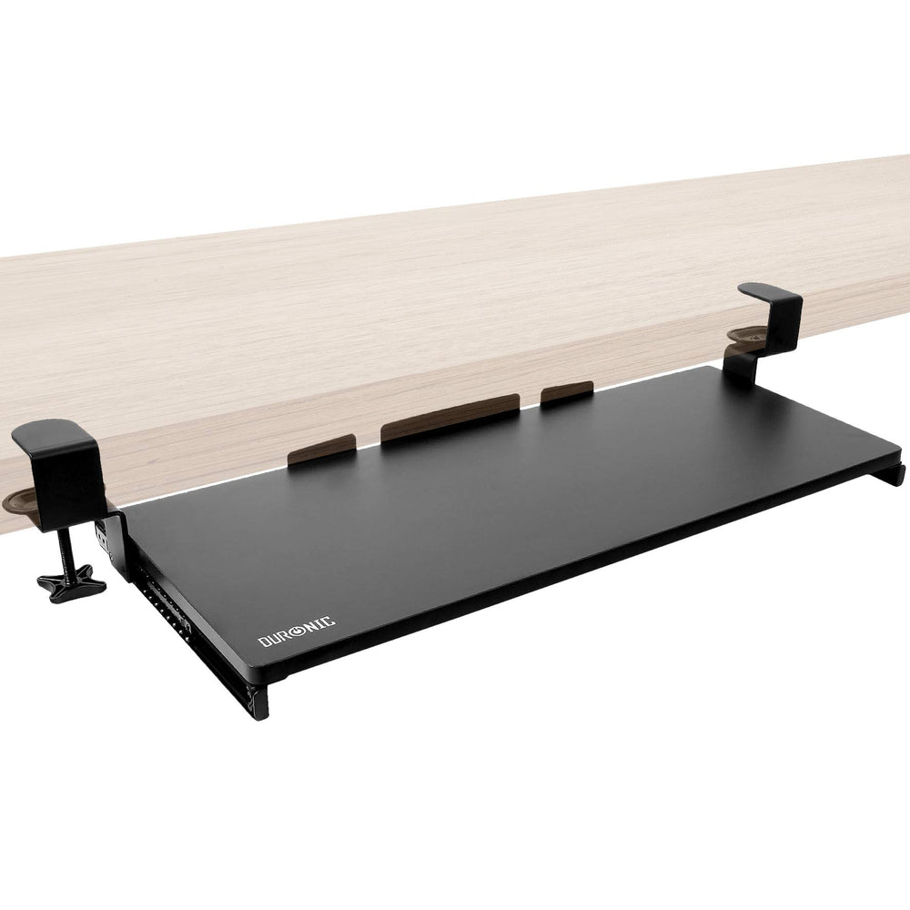 Duronic Keyboard Drawers attached to a light wood desk for ergonomic office setups.
