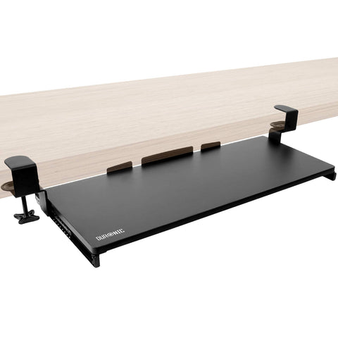 Duronic Keyboard Drawers attached to a light wood desk for ergonomic office setups.